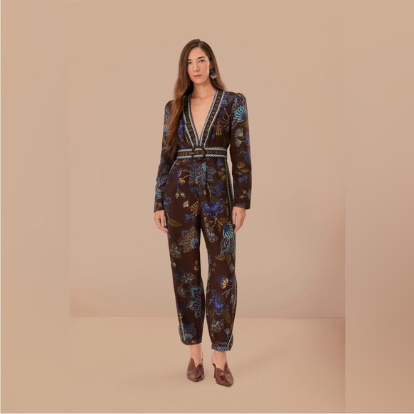 Farm Rio Brown Embroidered Garden Floral print V Neck Jumpsuit - Picture 1 of 7